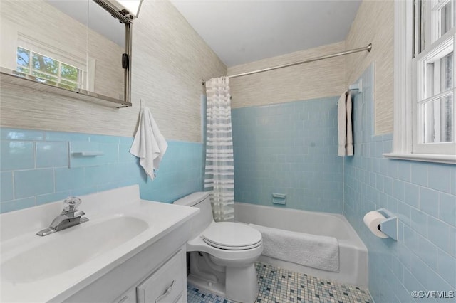 2226 Highland Dr, Powhatan, VA 23139 - bathroom with tile walls, vanity, shower / tub combo with curtain, and tile patterned flooring