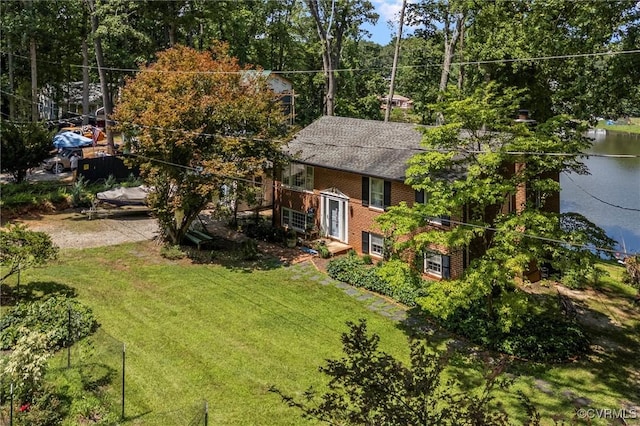 2226 Highland Dr, Powhatan, VA 23139 - view of front of home featuring brick siding, a front yard, roof with shingles, and a water view