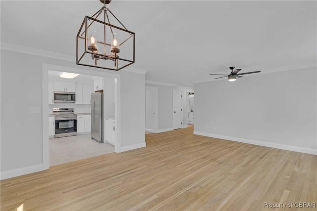 366 Patterson Rd, Mattaponi, VA 23110 - unfurnished living room with a chandelier, crown molding, a ceiling fan, and light wood-type flooring