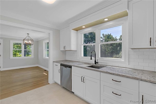 366 Patterson Rd, Mattaponi, VA 23110 - kitchen featuring dishwasher, white cabinets, light stone counters, backsplash, and ornamental molding