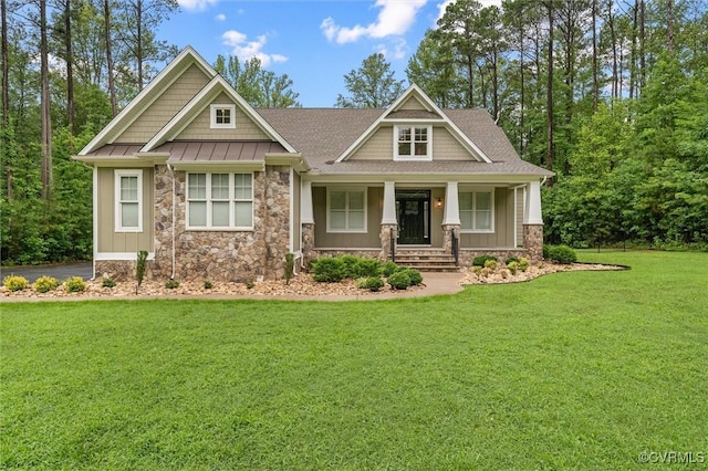 11499 Jack Ln, Hanover, VA 23146 - craftsman house with stone siding, a front lawn, covered porch, and a shingled roof