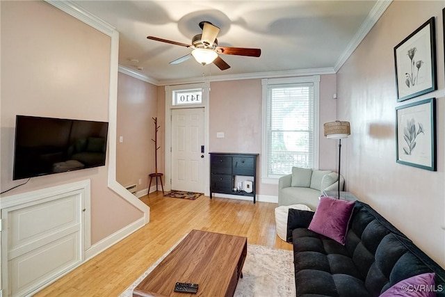 1410 W Clay St, Richmond, VA 23220 - living room with light wood-style floors, ceiling fan, and ornamental molding