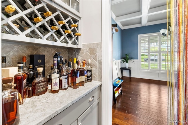 16507 Hannington Dr, Midlothian, VA 23112 - indoor dry bar featuring coffered ceiling, dark wood finished floors, beam ceiling, and tasteful backsplash