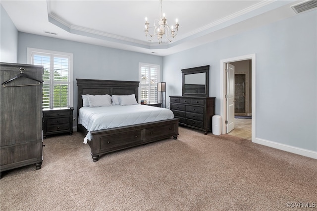 16507 Hannington Dr, Midlothian, VA 23112 - bedroom featuring crown molding, light carpet, a tray ceiling, a chandelier, and ensuite bathroom
