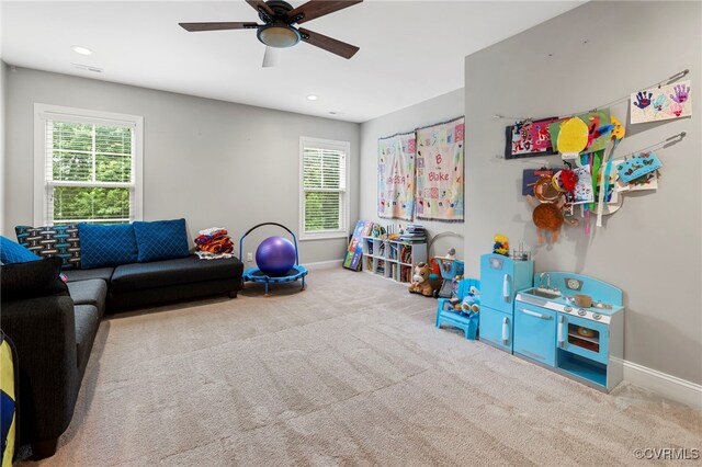 16507 Hannington Dr, Midlothian, VA 23112 - playroom featuring carpet floors, ceiling fan, plenty of natural light, and recessed lighting