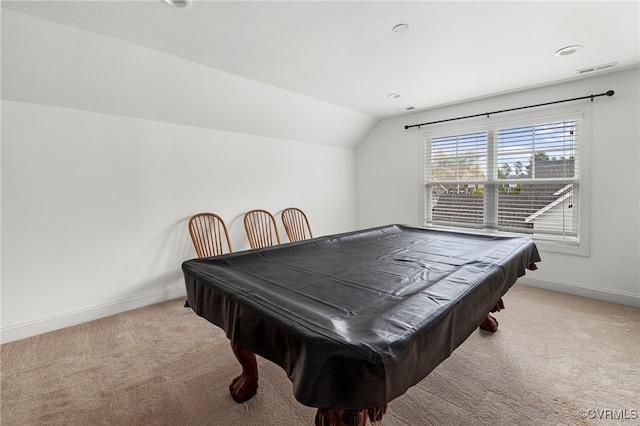 16507 Hannington Dr, Midlothian, VA 23112 - playroom with carpet, billiards table, lofted ceiling, and recessed lighting