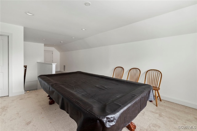 16507 Hannington Dr, Midlothian, VA 23112 - rec room featuring light carpet, lofted ceiling, billiards table, and recessed lighting