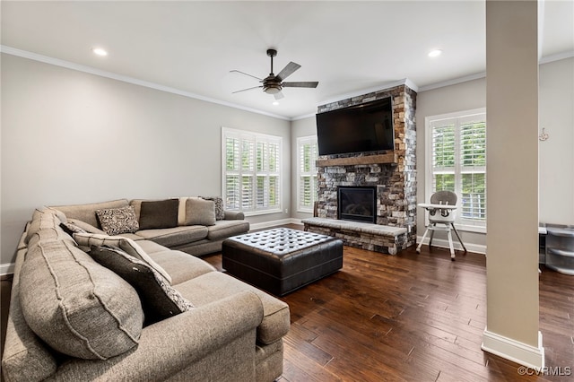 16507 Hannington Dr, Midlothian, VA 23112 - living area featuring ornamental molding, a ceiling fan, wood finished floors, a fireplace, and recessed lighting