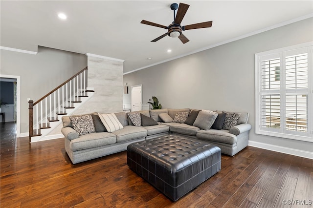 16507 Hannington Dr, Midlothian, VA 23112 - living area featuring ceiling fan, crown molding, hardwood / wood-style flooring, stairs, and recessed lighting