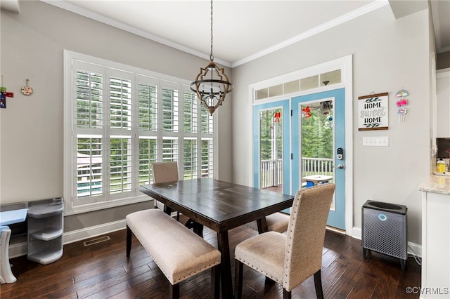 16507 Hannington Dr, Midlothian, VA 23112 - dining area featuring crown molding, dark wood-style floors, and a chandelier