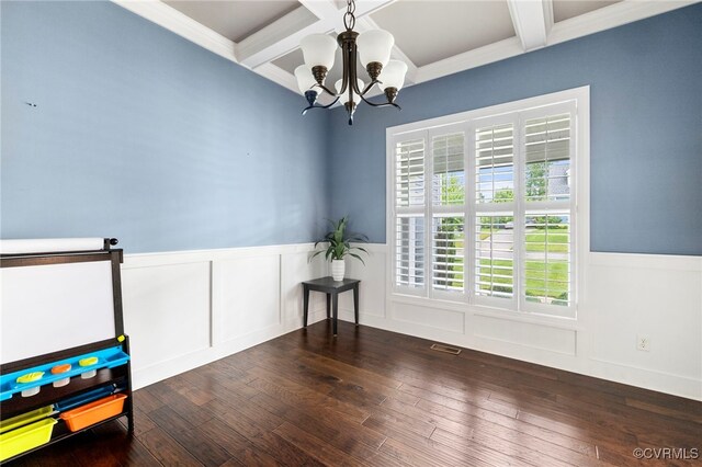 16507 Hannington Dr, Midlothian, VA 23112 - unfurnished room featuring coffered ceiling, a chandelier, wainscoting, beamed ceiling, and hardwood / wood-style flooring