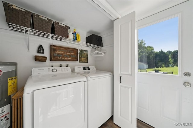4619 Otterdale Rd, Moseley, VA 23120 - washroom with water heater, healthy amount of natural light, washer and clothes dryer, and dark wood-style flooring