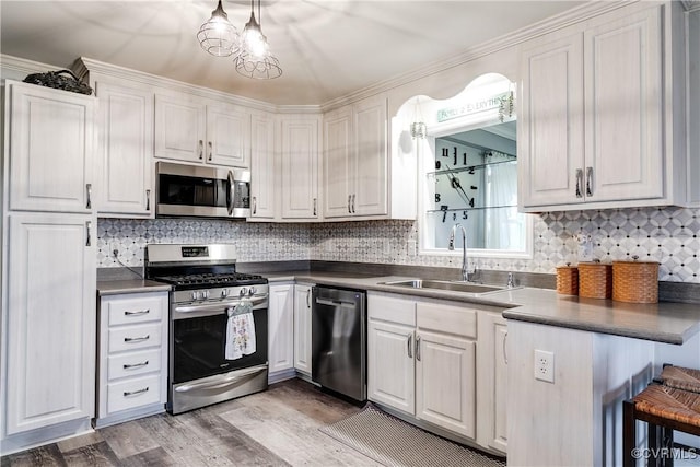 698 Quail Crossing Rd, Burkeville, VA 23922 - kitchen with appliances with stainless steel finishes, dark countertops, light wood finished floors, and decorative backsplash