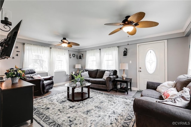 698 Quail Crossing Rd, Burkeville, VA 23922 - living area with ceiling fan, healthy amount of natural light, crown molding, and wood finished floors