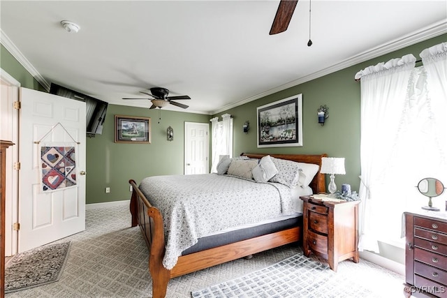 698 Quail Crossing Rd, Burkeville, VA 23922 - bedroom featuring light carpet, crown molding, and a ceiling fan