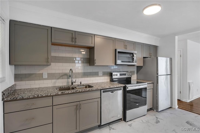2924 Glenan Dr, Richmond, VA 23234 - kitchen with stainless steel appliances, gray cabinets, stone countertops, and crown molding