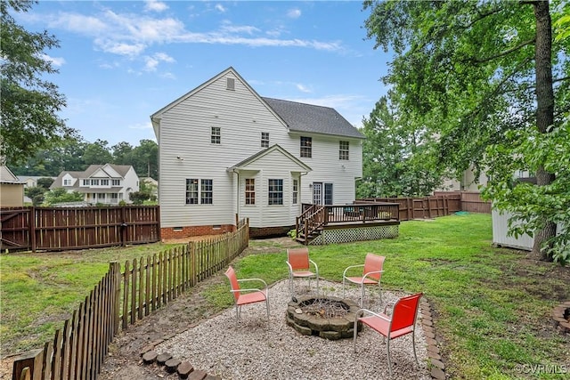 5019 Misty Spring Dr, Midlothian, VA 23112 - back of house featuring a fire pit, a wooden deck, a fenced backyard, and crawl space