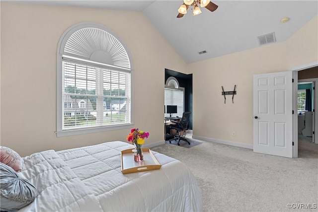 5019 Misty Spring Dr, Midlothian, VA 23112 - bedroom with an office area, carpet, high vaulted ceiling, and a ceiling fan