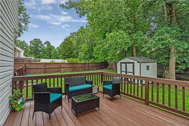 5019 Misty Spring Dr, Midlothian, VA 23112 - wooden deck featuring a shed, a fenced backyard, and an outdoor hangout area