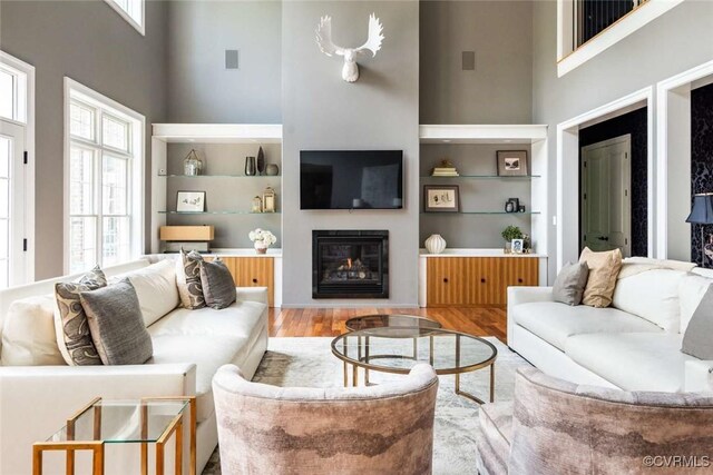 10333 Sonny Meadows Ln, Hanover, VA 23116 - living area with a high ceiling, a glass covered fireplace, and wood finished floors