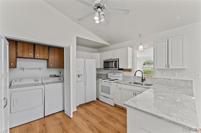 7470 Old Grove Gln, Mechanicsville, VA 23111 - kitchen with white appliances, separate washer and dryer, a ceiling fan, light wood-type flooring, and white cabinets