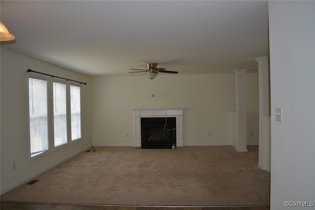 2949 Lookout Ln, Prince George, VA 23860 - unfurnished living room featuring a ceiling fan, carpet, and a fireplace with flush hearth