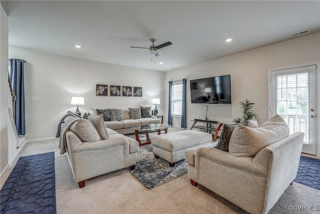 6989 Sir Galahad Rd, Henrico, VA 23231 - living room featuring light colored carpet, ceiling fan, and recessed lighting