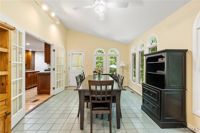 4018 Timber Ridge Rd, Chesterfield, VA 23112 - dining room with light tile patterned floors, track lighting, french doors, vaulted ceiling, and a ceiling fan