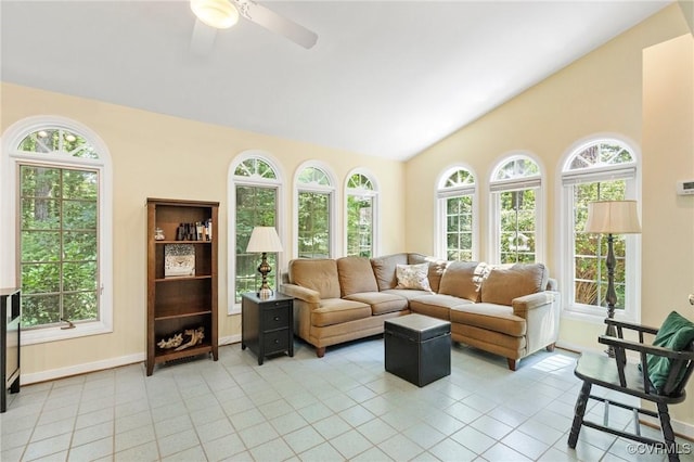 4018 Timber Ridge Rd, Chesterfield, VA 23112 - living area featuring vaulted ceiling, light tile patterned flooring, and a ceiling fan