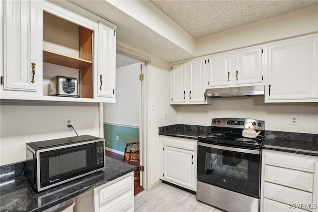 12302 Sir James Ct, Henrico, VA 23233 - kitchen with stainless steel electric range oven, black microwave, under cabinet range hood, white cabinets, and a textured ceiling