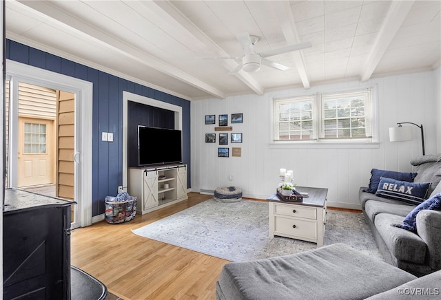 8314 Erma Ln, Richmond, VA 23229 - living area featuring wood finished floors, beamed ceiling, and ceiling fan