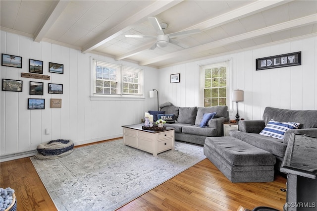 8314 Erma Ln, Richmond, VA 23229 - living area with light wood-type flooring, beam ceiling, and a ceiling fan