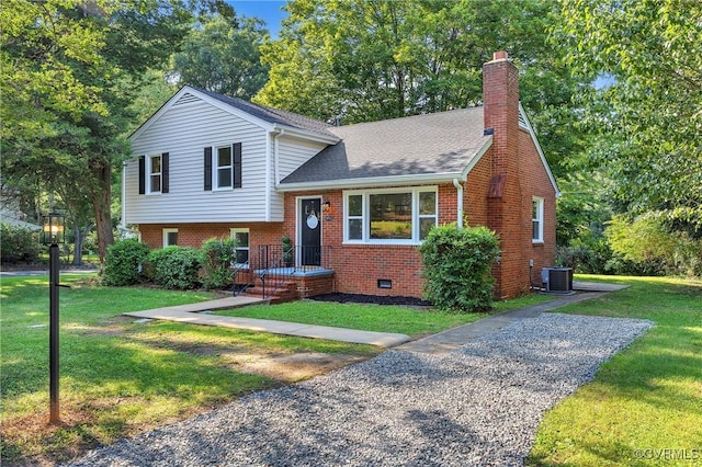 8912 Michaux Ln, Henrico, VA 23229 - tri-level home with a chimney, brick siding, a front lawn, and roof with shingles