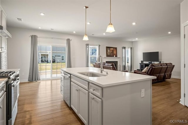 7653 Autumn Leaves Ln, New Kent, VA 23124 - kitchen featuring appliances with stainless steel finishes, a fireplace, light wood-type flooring, light countertops, and recessed lighting