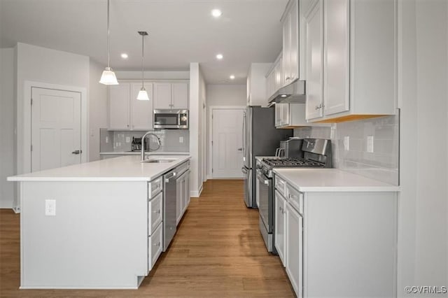 7653 Autumn Leaves Ln, New Kent, VA 23124 - kitchen featuring appliances with stainless steel finishes, under cabinet range hood, light wood finished floors, an island with sink, and light countertops