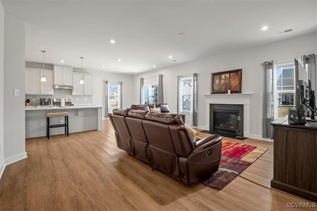 7653 Autumn Leaves Ln, New Kent, VA 23124 - living room with light wood finished floors, plenty of natural light, recessed lighting, and a fireplace with flush hearth