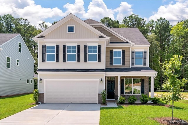 7095 Shining Armor Dr, Henrico, VA 23231 - craftsman-style house featuring driveway, a front lawn, a garage, and brick siding