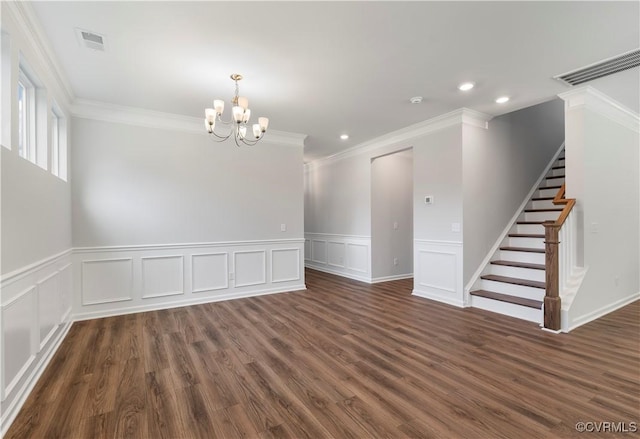 7095 Shining Armor Dr, Henrico, VA 23231 - empty room with a chandelier, crown molding, a wainscoted wall, recessed lighting, and stairway