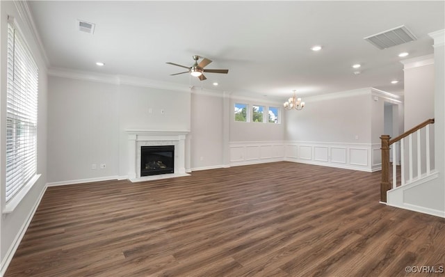 7095 Shining Armor Dr, Henrico, VA 23231 - unfurnished living room with dark wood finished floors, crown molding, ceiling fan, a fireplace with flush hearth, and stairs