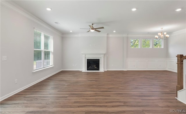 7095 Shining Armor Dr, Henrico, VA 23231 - unfurnished living room with ornamental molding, a ceiling fan, a chandelier, a fireplace with flush hearth, and recessed lighting