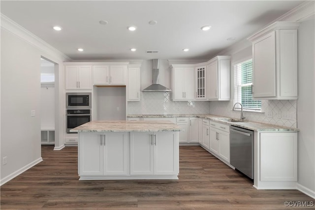 7095 Shining Armor Dr, Henrico, VA 23231 - kitchen featuring wall chimney exhaust hood, appliances with stainless steel finishes, white cabinets, crown molding, and recessed lighting