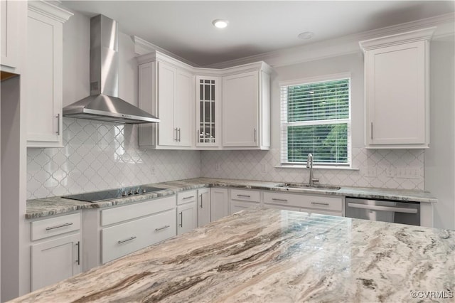 7095 Shining Armor Dr, Henrico, VA 23231 - kitchen with wall chimney range hood, black electric cooktop, light stone counters, and white cabinets