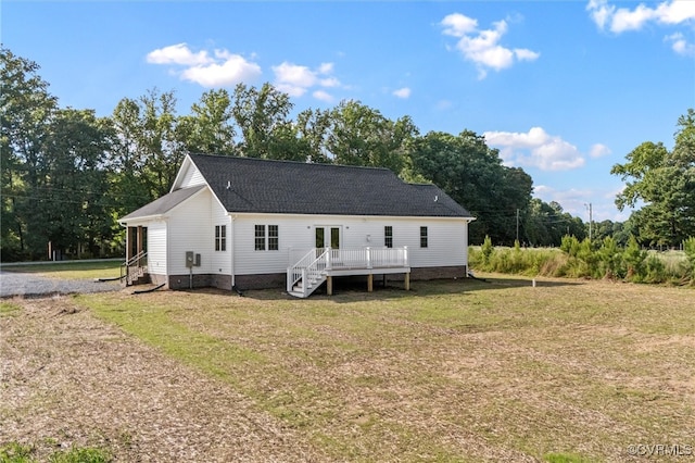 699 Trimmers Shop Rd, King William, VA 23181 - back of house featuring a deck, a lawn, a shingled roof, stairway, and crawl space