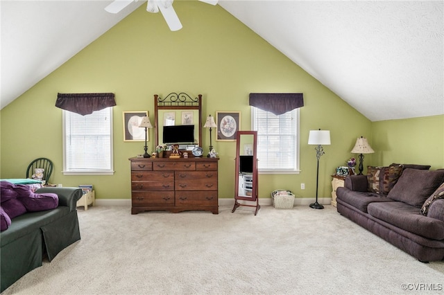 14313 Woodleigh Dr, Chester, VA 23831 - living room featuring lofted ceiling, carpet, and ceiling fan