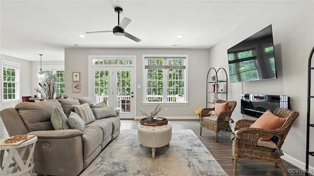 5080 Brandon Pines Way, Providence Forge, VA 23140 - living area featuring a ceiling fan, plenty of natural light, dark wood-type flooring, recessed lighting, and french doors