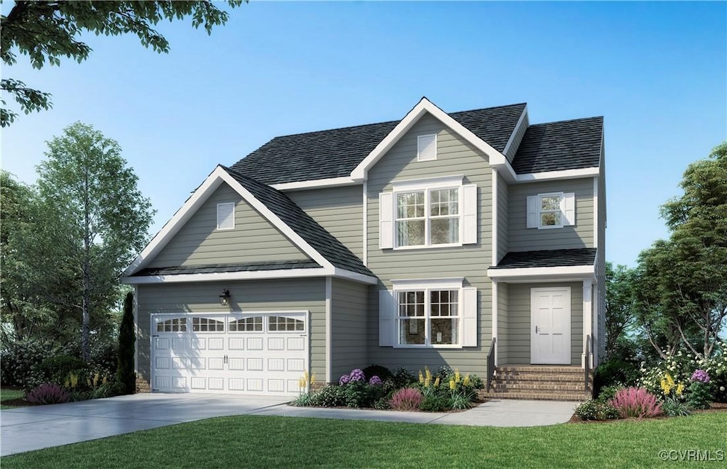 3660 Shining Armor Ln, Henrico, VA 23231 - traditional-style house featuring an attached garage, driveway, a shingled roof, a front lawn, and brick siding