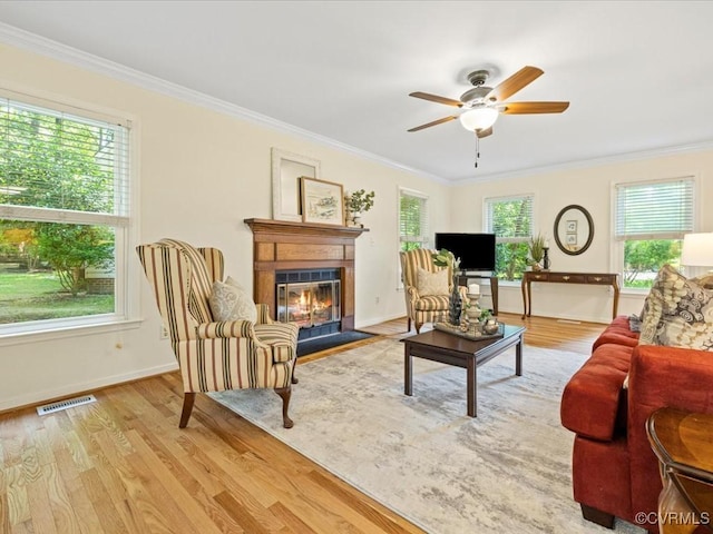 14107 Laurel Trail Pl, Midlothian, VA 23112 - living room with plenty of natural light, light wood-style floors, a tile fireplace, crown molding, and a ceiling fan