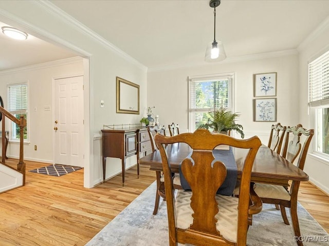 14107 Laurel Trail Pl, Midlothian, VA 23112 - dining area featuring light wood-style floors, crown molding, and stairway