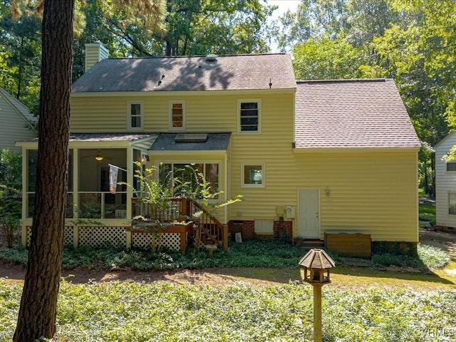 14107 Laurel Trail Pl, Midlothian, VA 23112 - rear view of house with roof with shingles, a deck, a ceiling fan, and a chimney