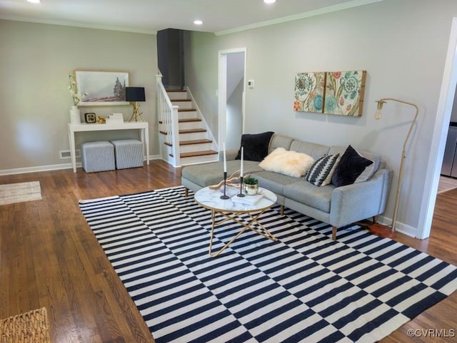 2600 Dolfield Dr, North Chesterfield, VA 23235 - living area with stairway, ornamental molding, wood finished floors, and recessed lighting
